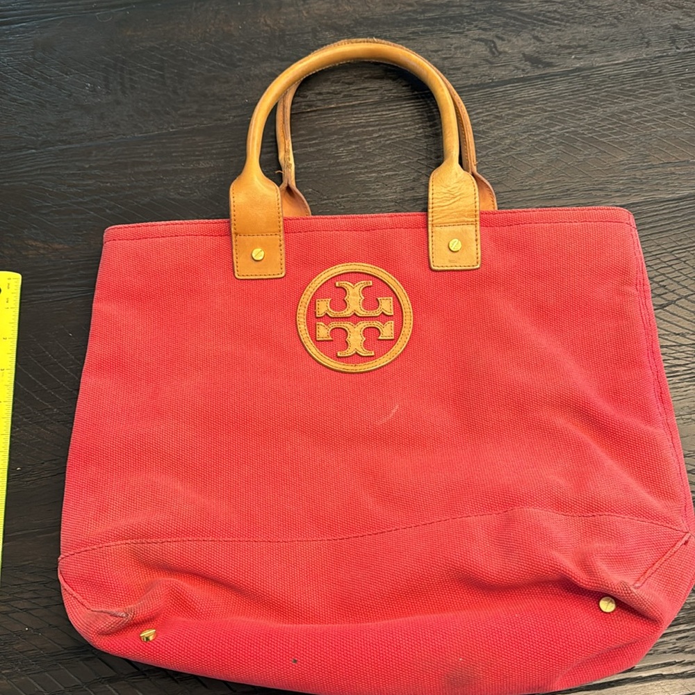 Tory Burch red  canvas tote bag purse leather handles with original dust bag